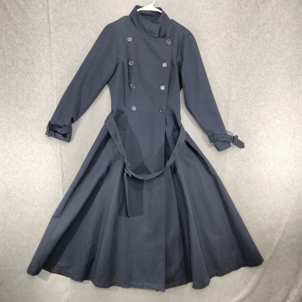 Spiegel Trench Coat Womens Size 6 Navy Blue Military Style Belted Swing